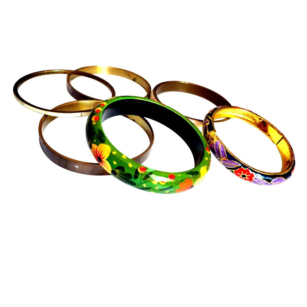 6 Bangle Bracelets Wood Cloisonne Shell Brass Stacking Layering White Purple Y2K